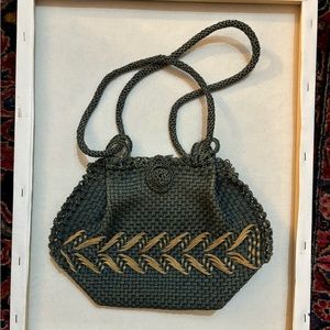 Vintage 1940s Woven Blue and Tan Purse